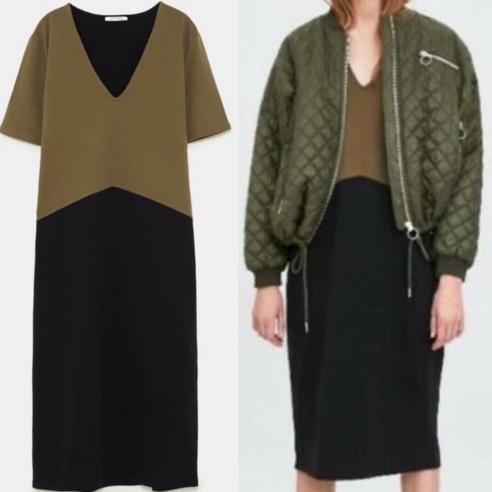 Zara Oversized Midi Shirt Dress Black Olive Green Short Sleeve Loose Fit Small